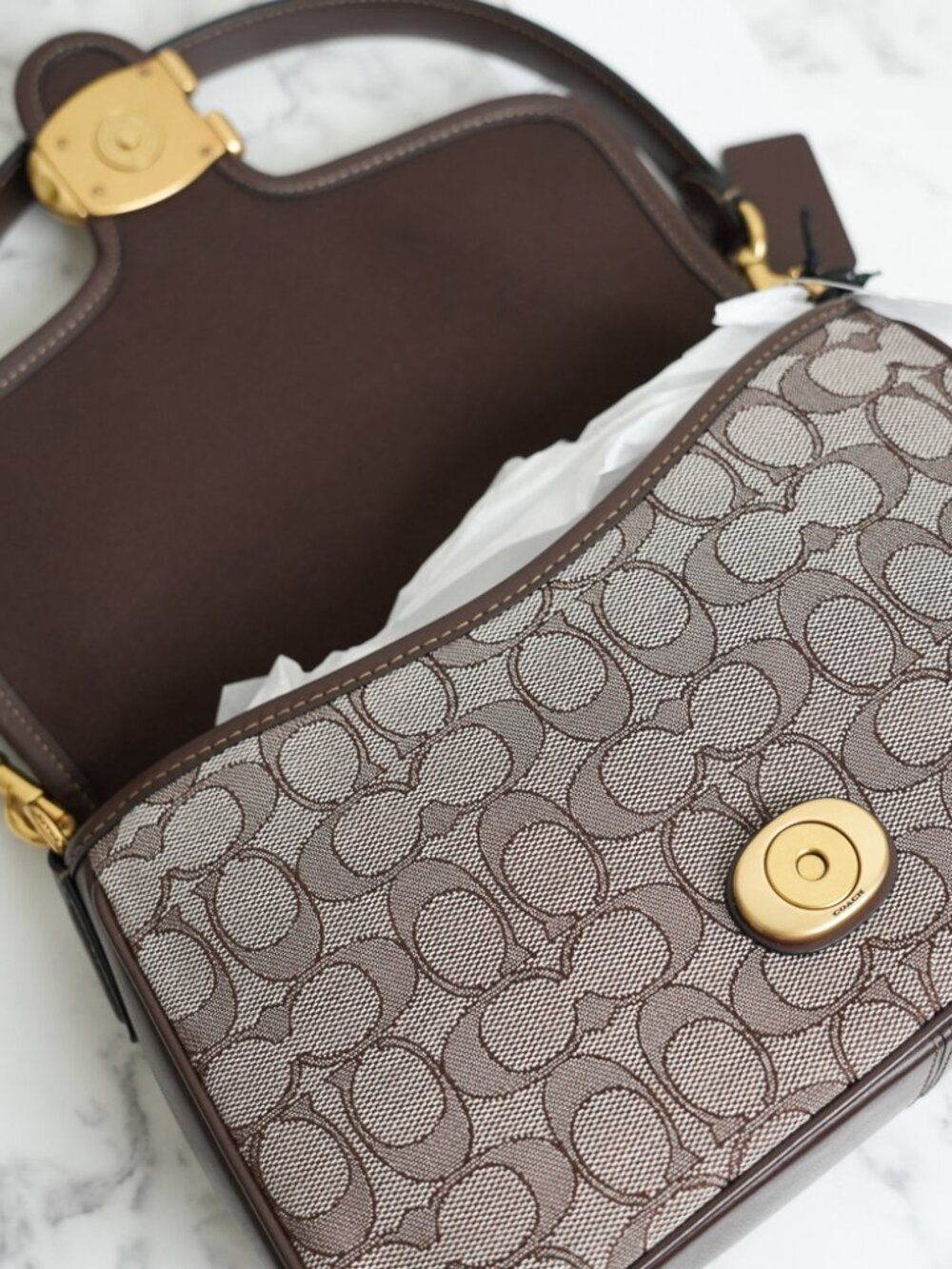 Coach CDT21 Soft Tabby Shoulder Bag Signature Jacquard Brass/Oak Maple Brown NWT - Picture 12 of 15